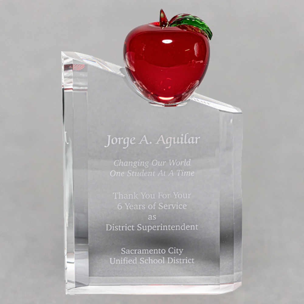 Red Apple on Etched Solid Crystal Pillar for a Retirement Gift