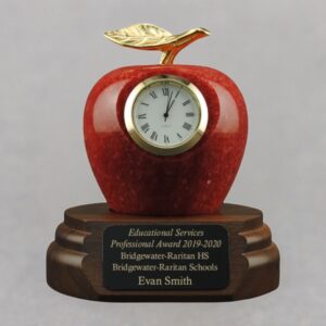 Teacher Retirement Gift Red Marble Apple Clock on Walnut Base