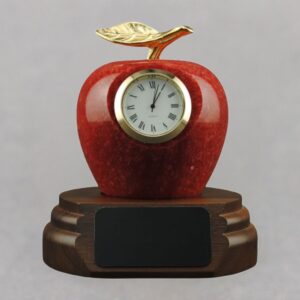 Teacher Appreciation Red Marble Apple Clock on Walnut Base