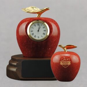 Teacher Appreciation Red Marble Apple Clock On Walnut Base with Custom Engraving on Back