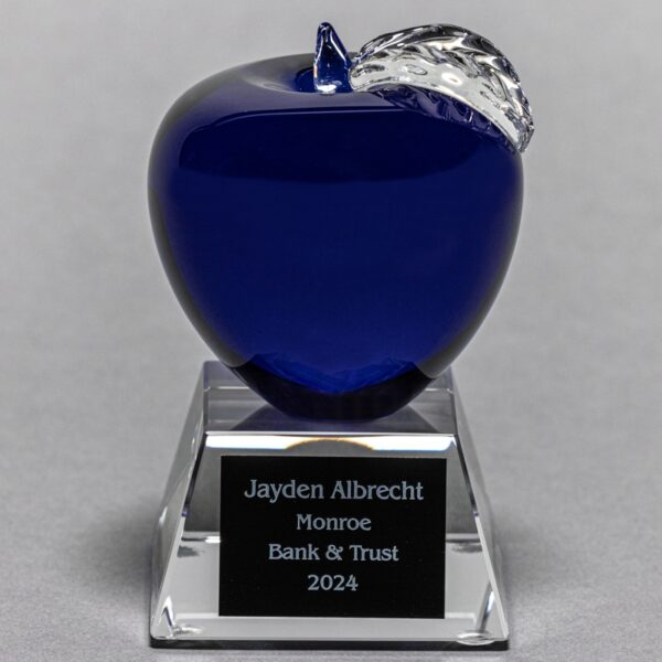 Blue Optical Crystal Apple on Clear Optical Crystal Base - Plate Personalization Included