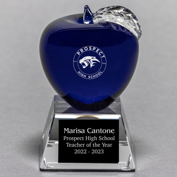Blue Optical Crystal Apple on Clear Optical Crystal Base - Apple & Plate Personalization Included