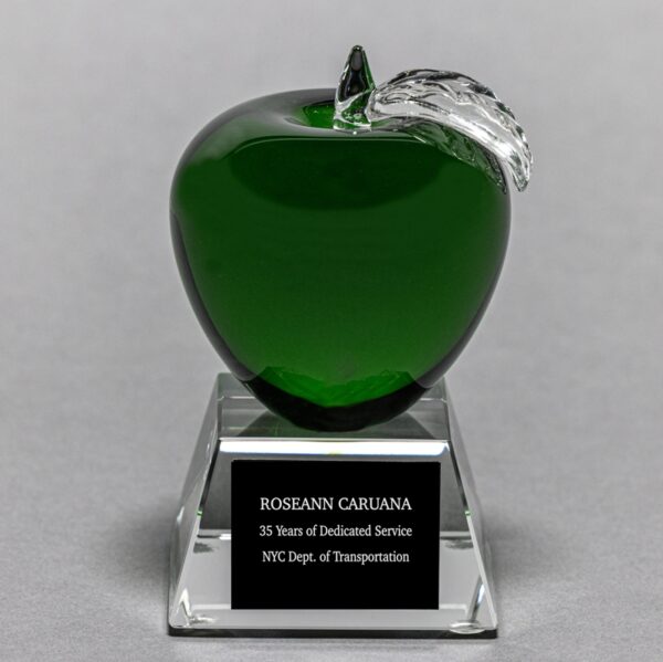 Green Optical Crystal Apple on Clear Optical Crystal Base - Plate Personalization Included