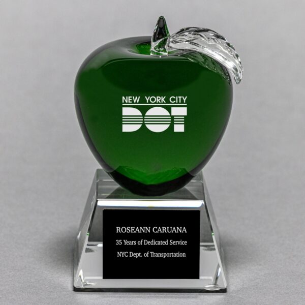 Green Crystal Apple on Crystal Clear Base – Etched Apple and Engraved Plate