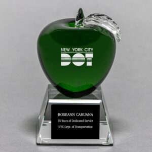 Etched Green Crystal Apple Trophy with Plate Engraving is an Excellent Teacher Appreciation Idea