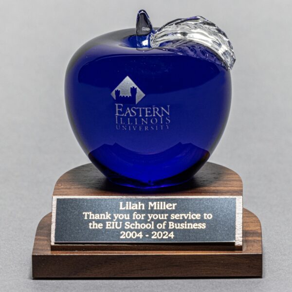 Blue Crystal Apple on Walnut Base - Etched Apple and Engraved Plate