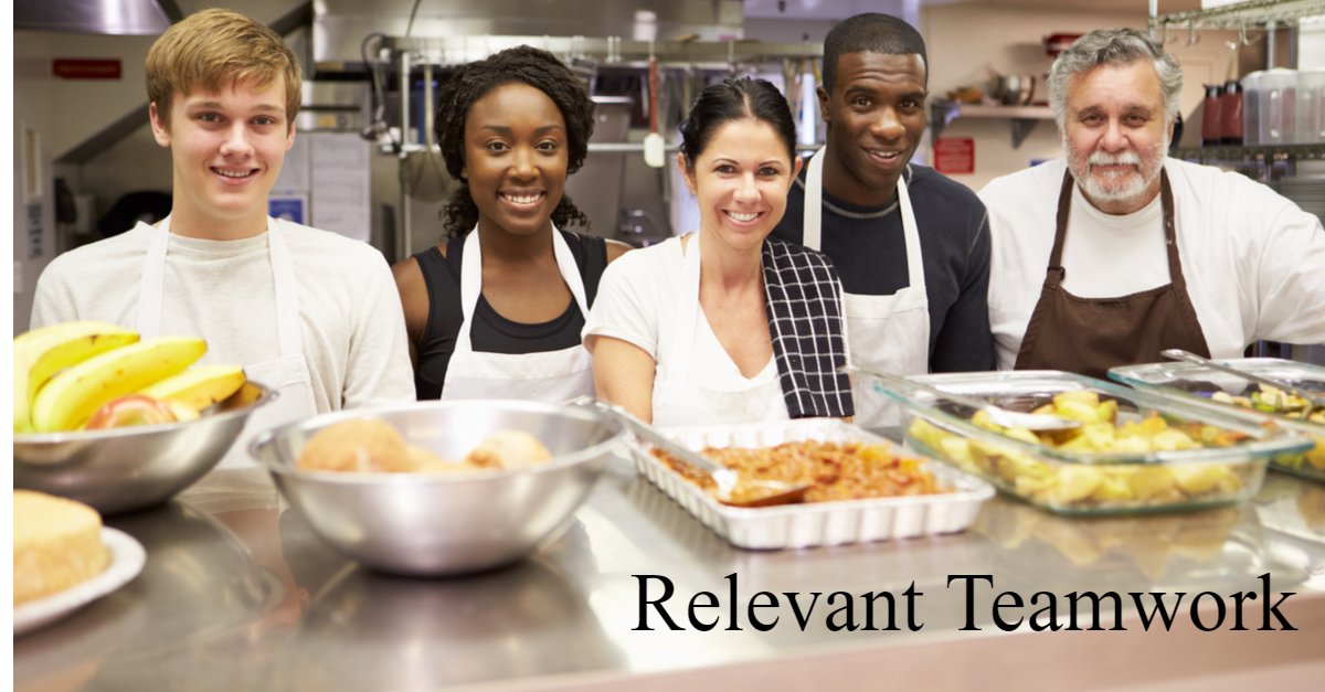 People serving food in relevant teamwork.