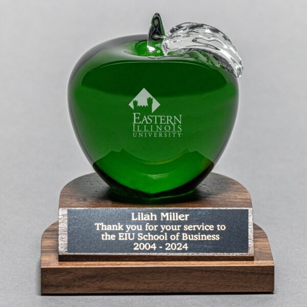Green Crystal Apple on Walnut Base - Etched Apple and Engraved Plate