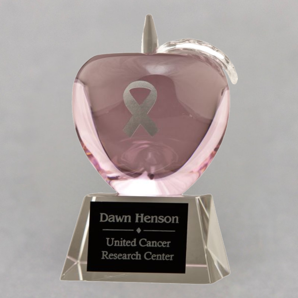 Etched Pink Crystal Apple Trophy for Breast Cancer Awareness