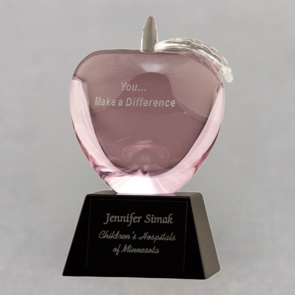 Etched Pink Crystal Apple on Engraved Base - Healthcare Breast Cancer