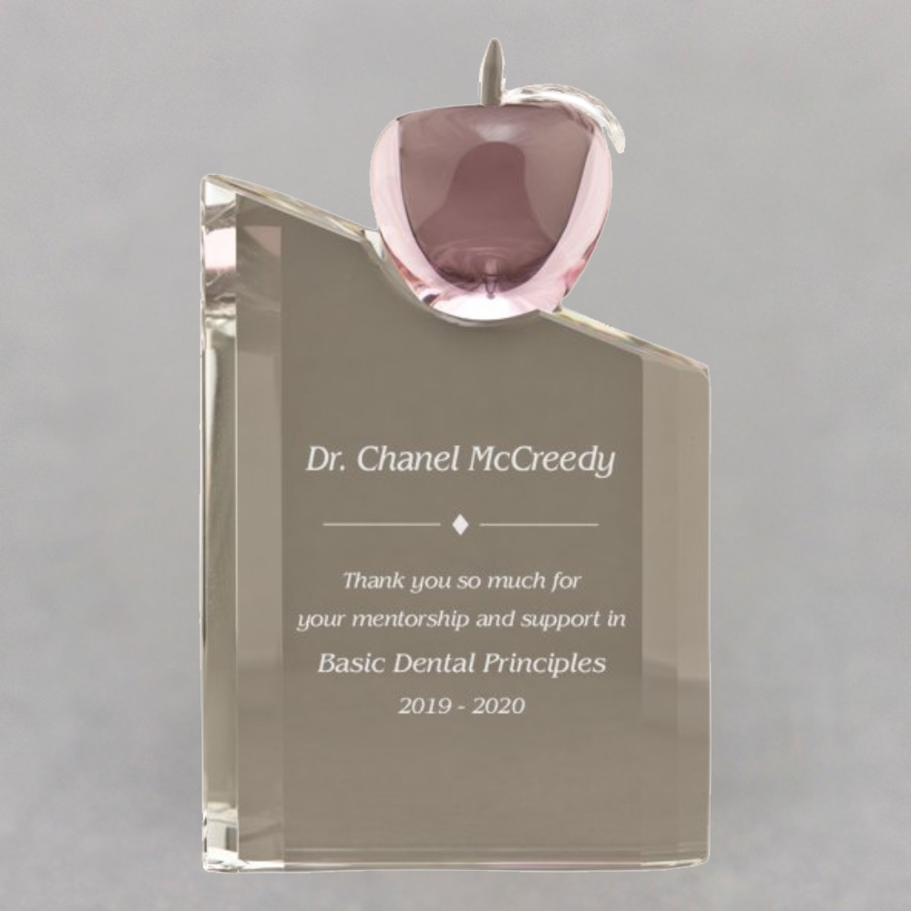 Pink Apple on Etched Crystal Pillar - Cancer Nurses Award
