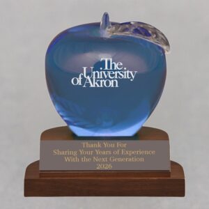 Light Blue Crystal Apple on Walnut Base - Etched Apple and Engraved Plate