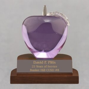 Purple Optical Crystal Apple on Walnut Base - Plate Personalization Included