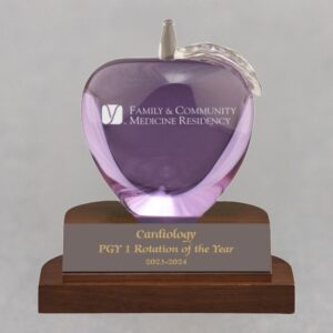 Purple Crystal Apple on with Walnut Base - Etched Apple and Engraved Plate