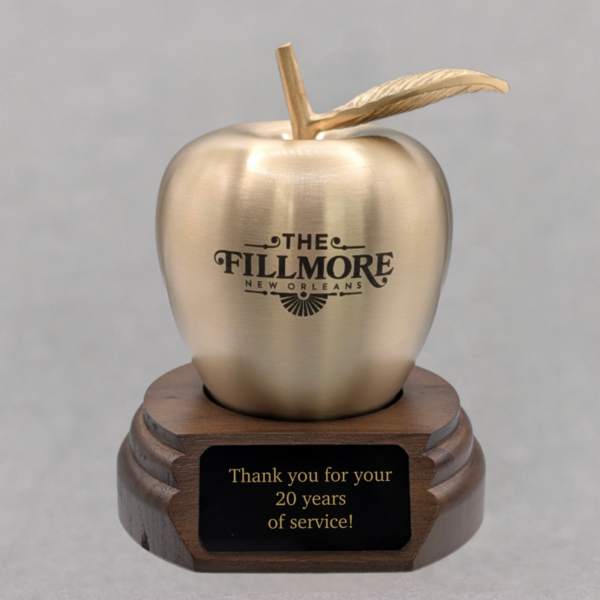 Gold Brass Apple on Walnut Base - Engraved Apple & Plate